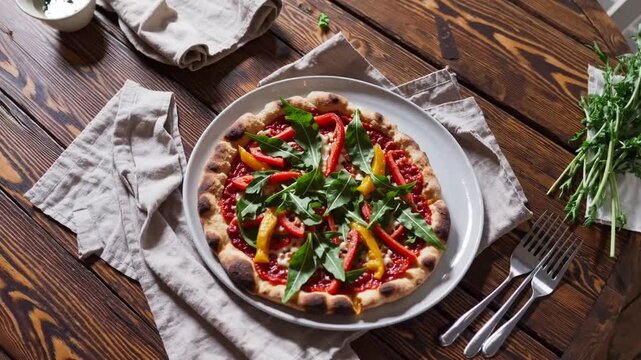 plant-based Italian-style flatbread topped with tomato sauce, bell peppers, non-dairy cheese, and leafy greens, embodying health-conscious culinary approach