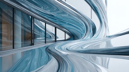 Obraz premium A futuristic, flowing architectural interior with swirling, translucent, aqua-toned surfaces, showcasing a dynamic, modern design.