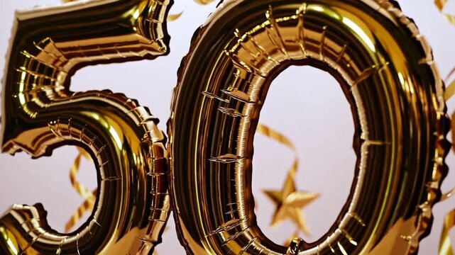 Golden Foil Balloon Number Fifty for 50th Anniversary Birthday Celebration Banner