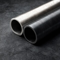 Fototapeta premium Two metal pipes, light and dark gray, on dark surface