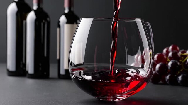 The Action of Pouring Red Wine into Glass Accompanied by Bottles and Grapes in Dark, Elegant Setting