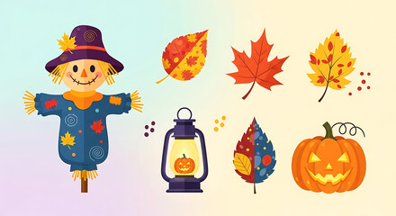 Cartoon autumn harvest festival elements with colorful leaves and scarecrow