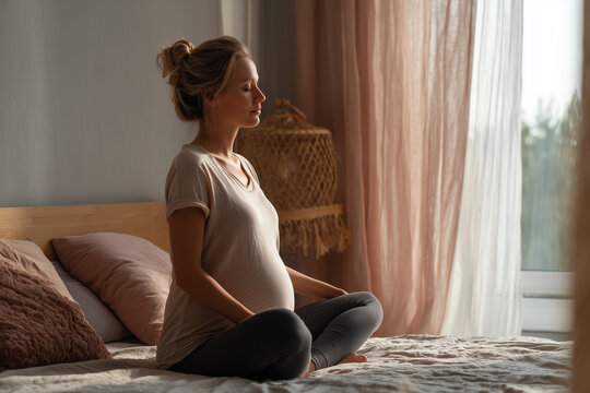 Pregnant woman meditating in serene bedroom with natural light