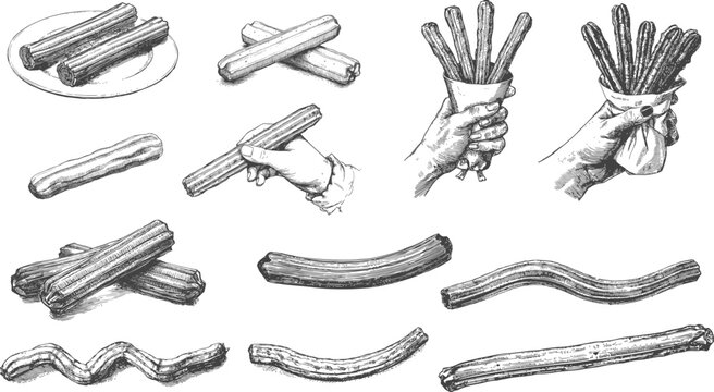 Big set of churros, vintage style. Churros on the plate, hands, holding pack of traditional spanish food and etc. Vector black collection isolated on white background.
