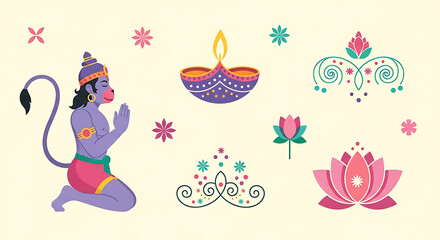 Naklejka premium Graphic celebration of hinduism featuring hanuman, diya lamp, and lotus flowers