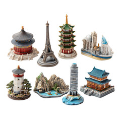 Collection of miniature travel souvenirs featuring famous world landmarks and buildings