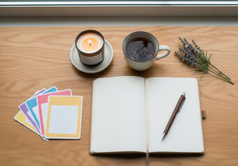Calm workspace with candle and notebook