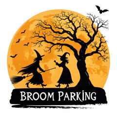 Spooky halloween scene witches broom parking full moon night tree silhouette bats