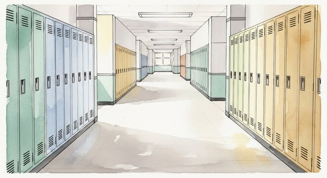 Empty school hallway with rows of colorful lockers, bathed in natural light, creating a sense of nostalgia and anticipation.