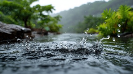 A close-up view of a water splash in a shallow stream, showcasing the intricate details of the water droplets and the surrounding lush greenery on a rainy day.