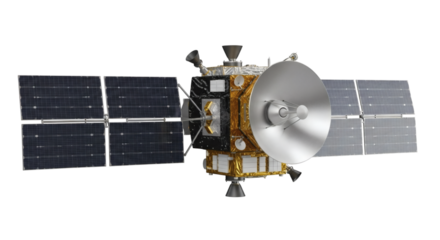 Detailed Satellite Illustration for Space Exploration Projects with Visible Solar Panels and Shiny Metallic Structure