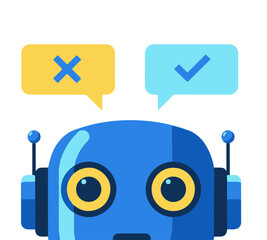 Cartoon robot head with speech bubbles showing a checkmark and an X.
