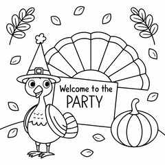 Turkey inviting you to the Thanksgiving Day party.vector illustration of coloring page black and white
