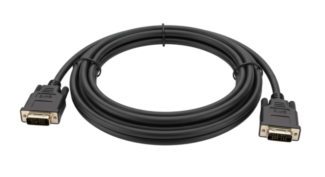 Black DVI-D Cable Coiled Elegantly on White, Offering Crystal Clear Digital Video Connectivity