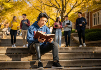 Student with prosthetic leg reading on campus