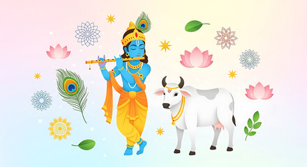 Obraz premium Krishna playing flute beside sacred cow in serene pastel color background