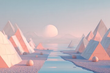 Naklejka premium A serene, pastel-hued landscape, featuring geometric pyramids along a tranquil shoreline, bathed in soft, diffused light.