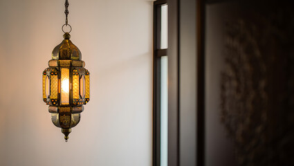 Intricate Moroccan Style Lantern Suspended Indoors Emitting Warm Light Creating an Inviting Ambiance for Festivities