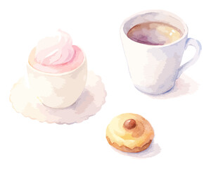Watercolor coffee & tea cups with pastries