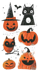 Halloween clipart collection, pumpkins and spooky elements, vector illustration