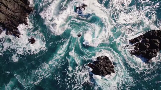 aerial view of large turquoise waves creating vortex as the rough ocean crashes onto rocks