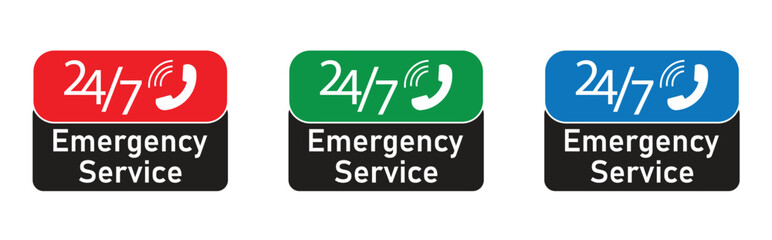 24/7 Emergency Service Icon Set, Customer Service Badge in Multiple Colors