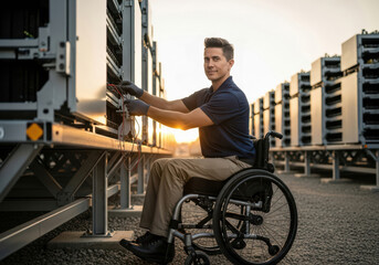 Technician in wheelchair working at battery farm