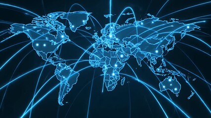 A digital world map with glowing blue light trails representing a global network, communication, and technology. - Powered by Adobe
