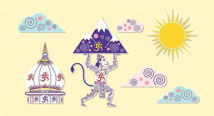 Hanuman conveying mountains, vibrant spiritual journey, symbolic expedition