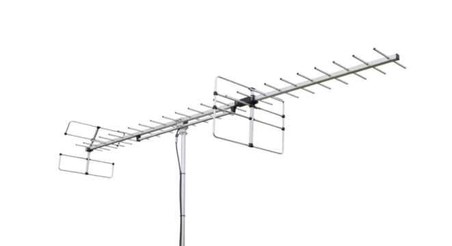 UHF Television antenna on isolated white backdrop captures signal transmissions from different broadcasting locations accurately