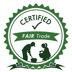 Fair Trade certification logo featuring a green circular design with text and silhouettes of people working.