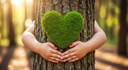 Child's hands embracing tree trunk with heart-shaped moss, symbolizing environmental love and care, perfect for eco-conscious campaigns