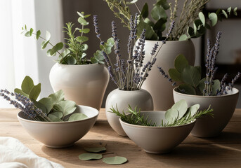 Ceramic Vases with Plants on Wooden Surface