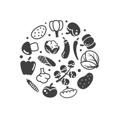 vegetable icons background. circle shaped background witch vegetables, organic healthy food. vector cartoon background.