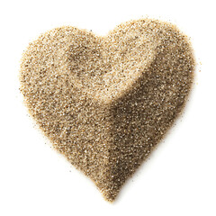 Heap of sand in shape of heart on white background, top view