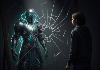 Futuristic armored figure behind glass