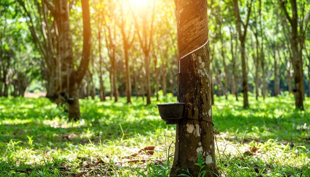 A sunny rubber plantation, showcasing rows of trees with a dark bowl collecting sap, bathed in natural light.