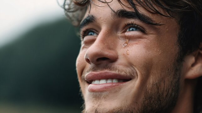 Young man shedding tears of joy while smiling and looking up
