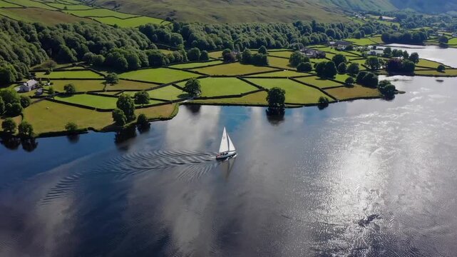 aerial summer panorama of sunny lake surrounded by mountains and green landscapes