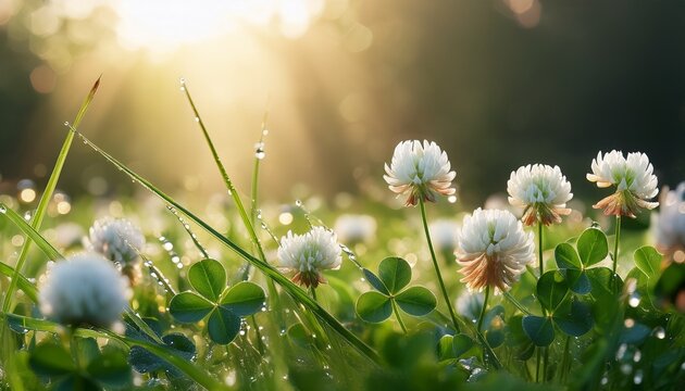 ethereal splendor of ivory clover blossoms nestled amidst glistening blades of morning dew epitomizes a tranquil tableau with their dainty petals and serene emergence of a new day