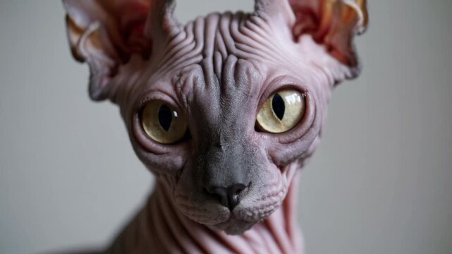 Close-up of hairless feline breed engaging in self-grooming while making eye contact with the viewer