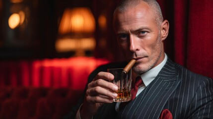 Elegant businessman enjoying cigar and whiskey in luxurious lounge