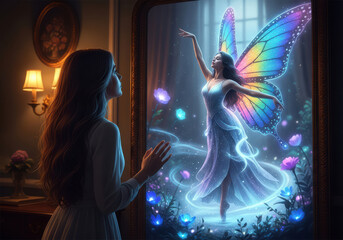 Enchanting fairy reflection in mirror