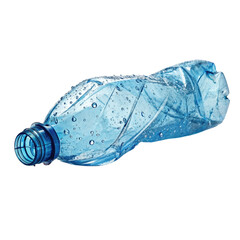 High Resolution Realistic Photograph of a Crushed Blue Plastic Water Bottle with Drops Isolated on Black Background for Recycling, Waste Management, and Environmental Concept Design