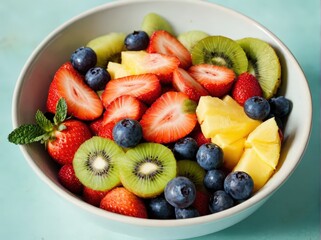 Fresh Mixed Fruit Salad Bowl with Berries and Mint in Natural Morning Light