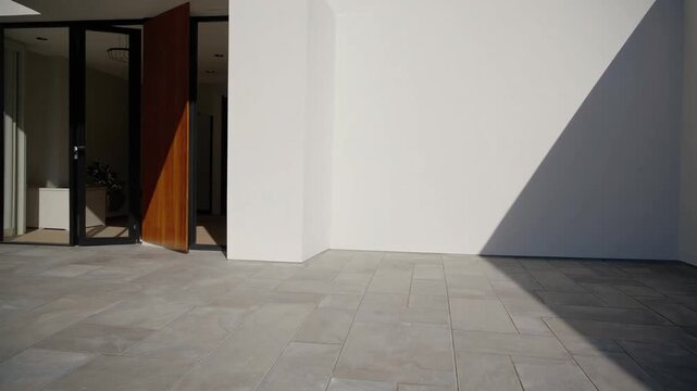Recently constructed dwelling featuring entrance of timber and plain pale vertical surface