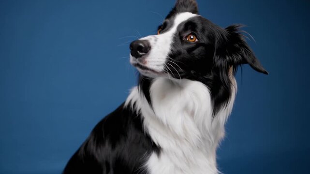 Purebred canine of the Border Collie variety seated patiently upon solid colored azure backdrop