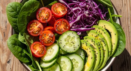 A vibrant, healthy salad bowl filled with fresh spinach, halved cherry tomatoes, sliced cucumber, avocado, and red cabbage on a wooden table.