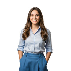Smiling young woman with long brown hair wearing a blue shirt and blue pants isolated on transparent background