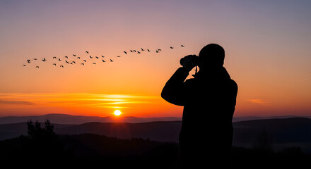 Silhouette of a birdwatcher with binoculars observing a flock of migrating birds against a stunning orange and purple sunset sky over rolling hills.